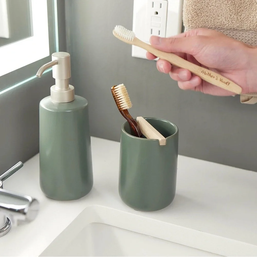 iDesign Ceramic Earth Collection Toothbrush Holder with Paulownia Wood Divider